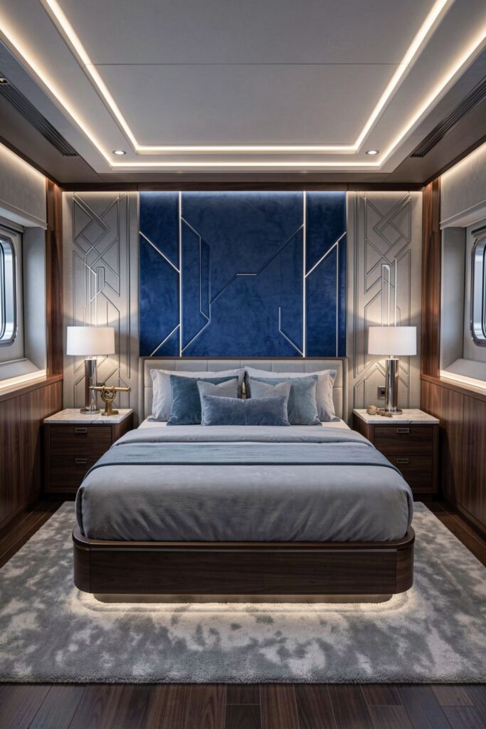 Art-Deco Edge With Sapphire Accent Wall and Polished Nickel