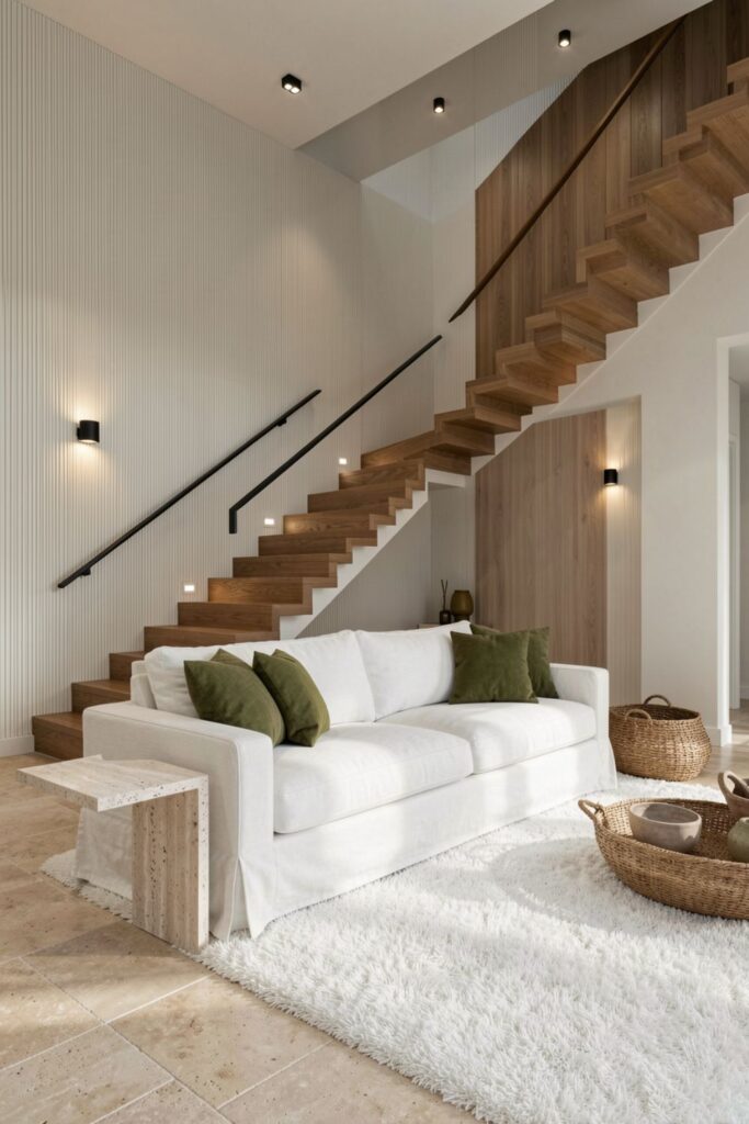 Ash Staircase Living Room with Olive Accents and Slipcovered Linen Sofa
