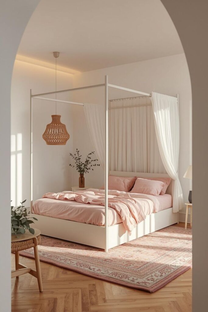 Ballet Pink Canopy Bed With Sheer Curtains And Soft Light