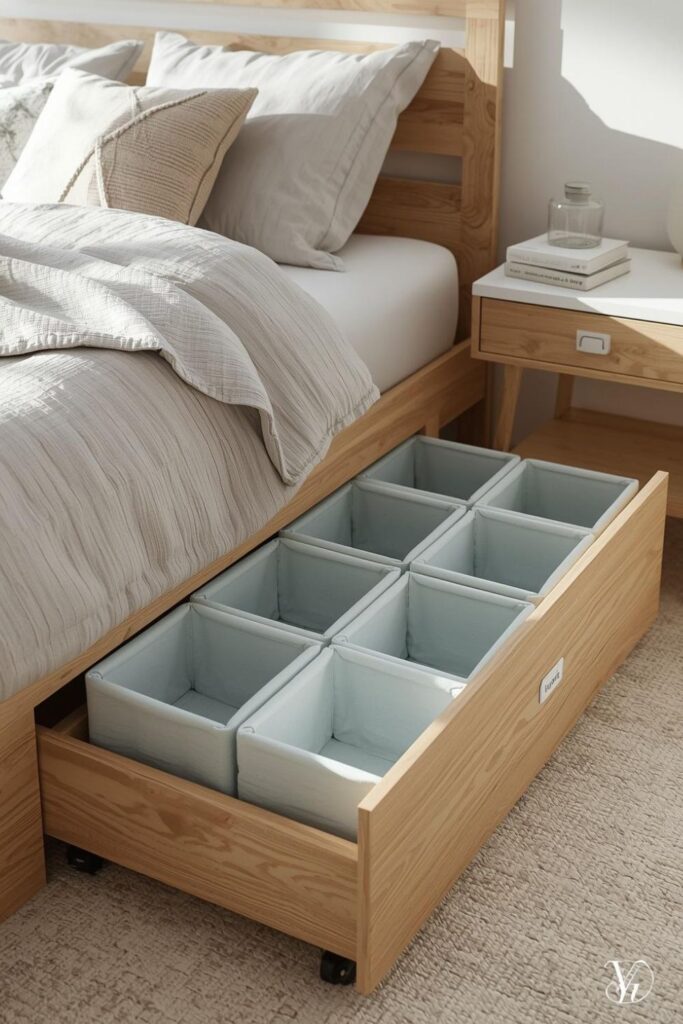 Bedroom Storage Solution with Under-Bed Drawers, Natural Wood, and Soft Blue Accent Color