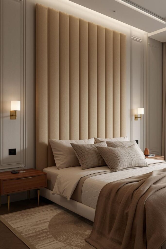 Bedroom Wall Ideas Luxury Tall Upholstered Headboard with Warm Sconces
