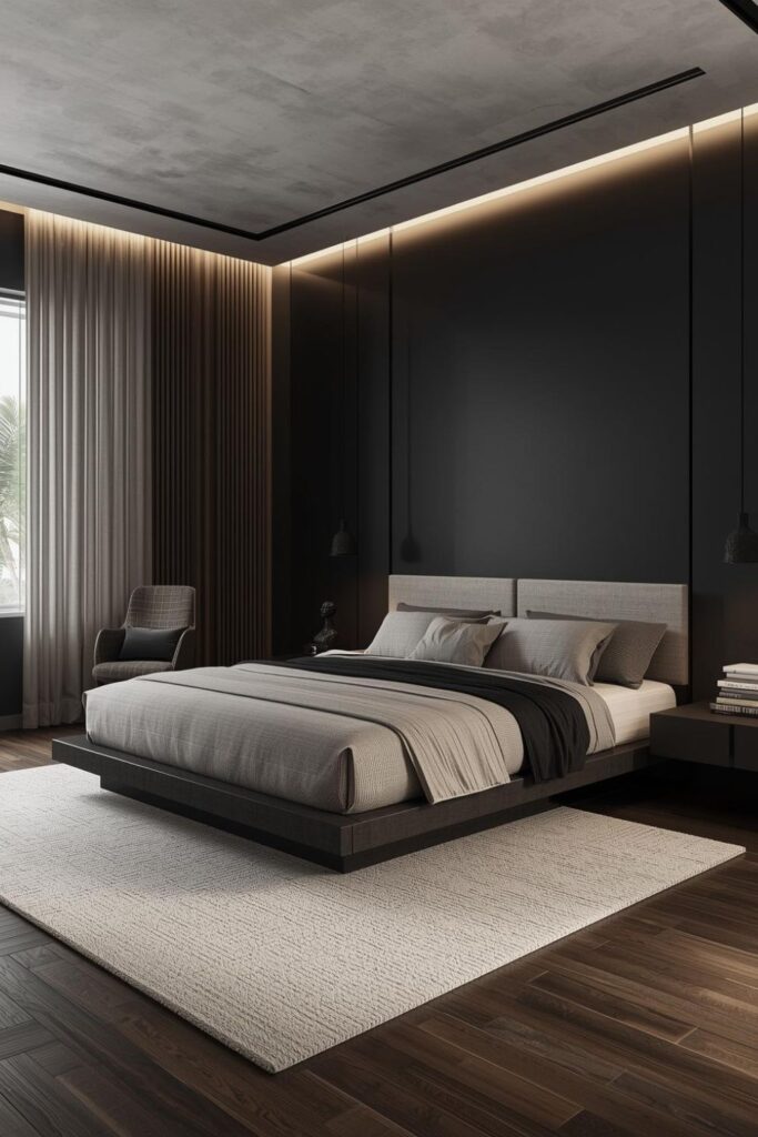 Black Accent Wall With Floating Shelves and Linen Layers