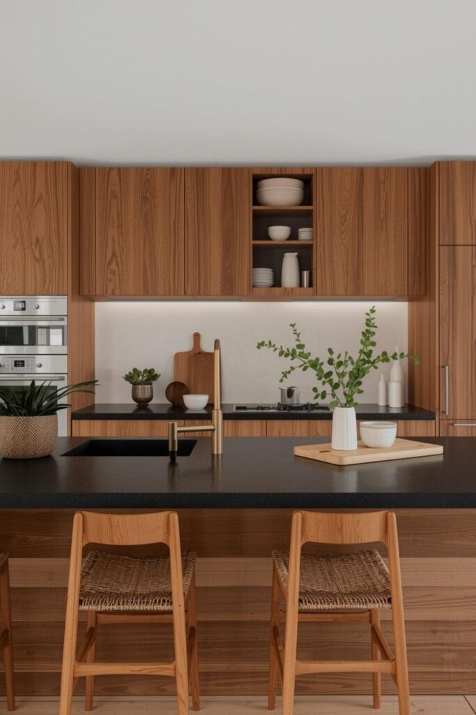 Black Countertop Styling Ideas for Modern Wooden Kitchen Interiors
