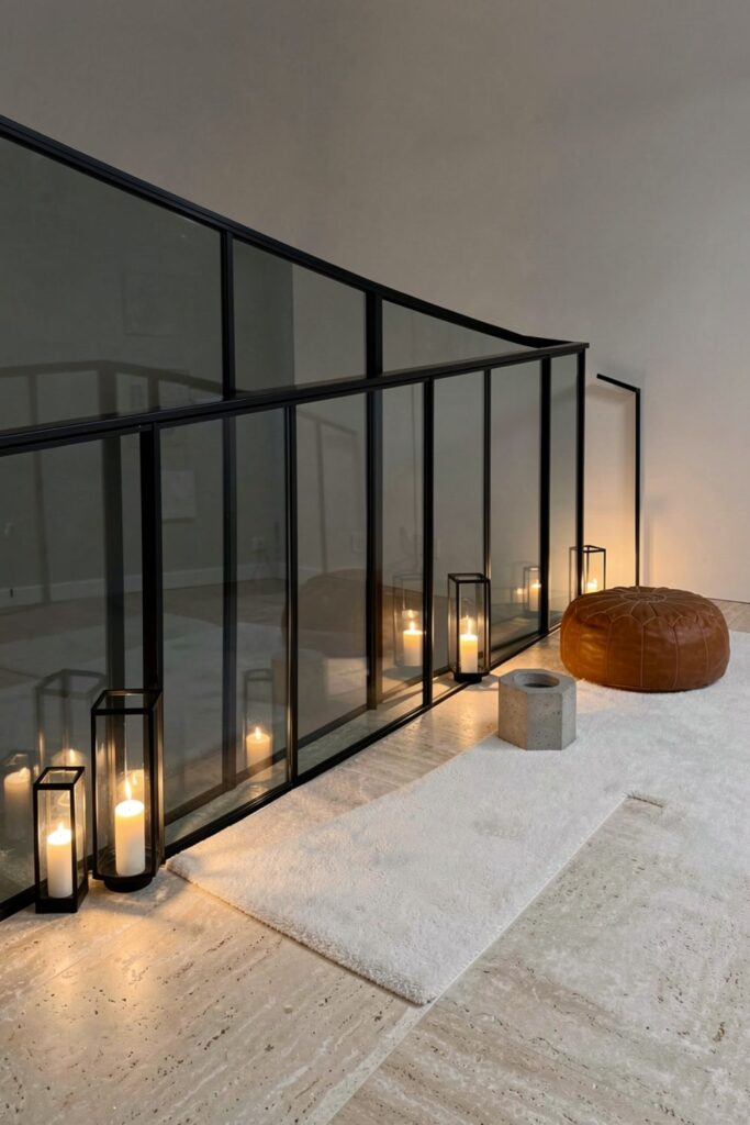 Black Frame Glass Railing With Floor Lantern Clusters