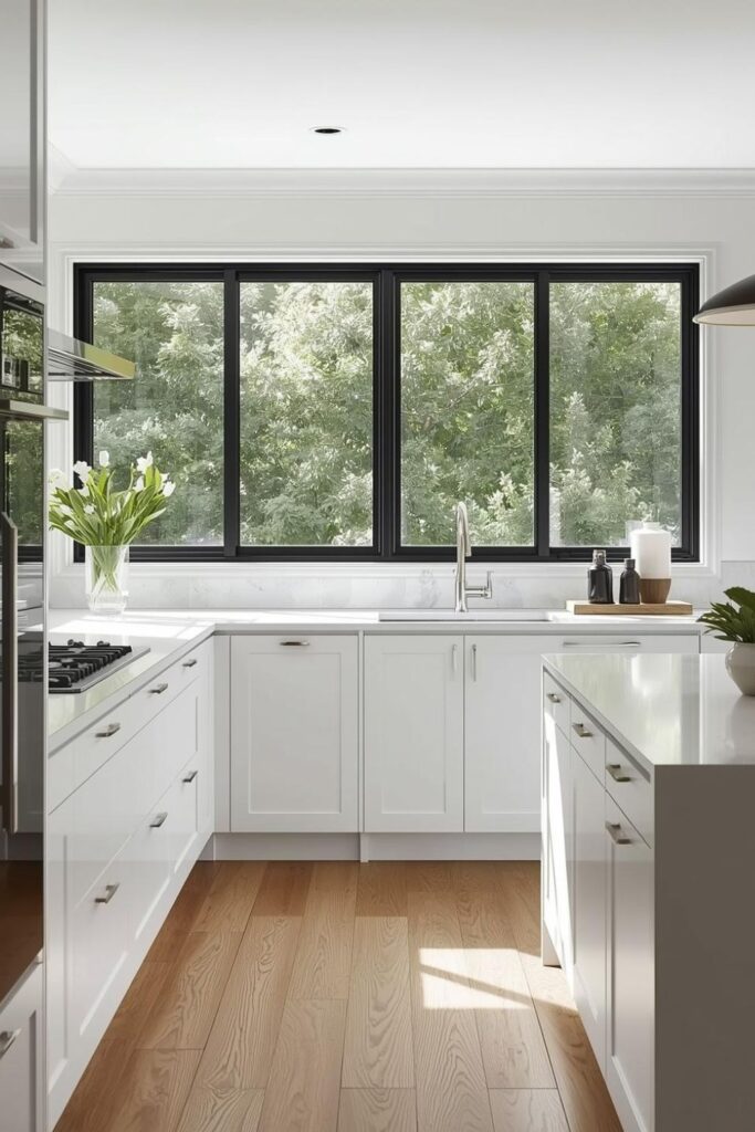Black-Framed Window Contrast In A Bright White Kitchen