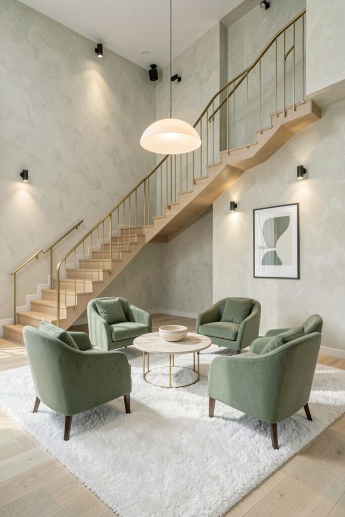 Blonde Staircase Living Room with Sage Walls and Conversation Circle