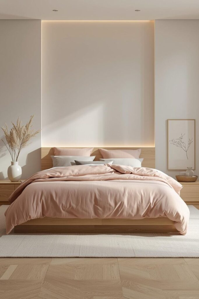 Blush Linen Layers With Light Oak Minimalist Bedroom Layout