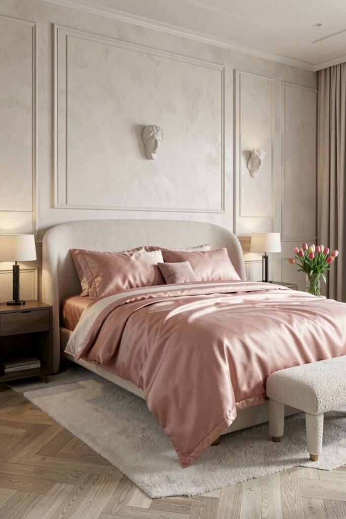 Blush Rose Silk Duvet Set with Curved Contemporary Headboard