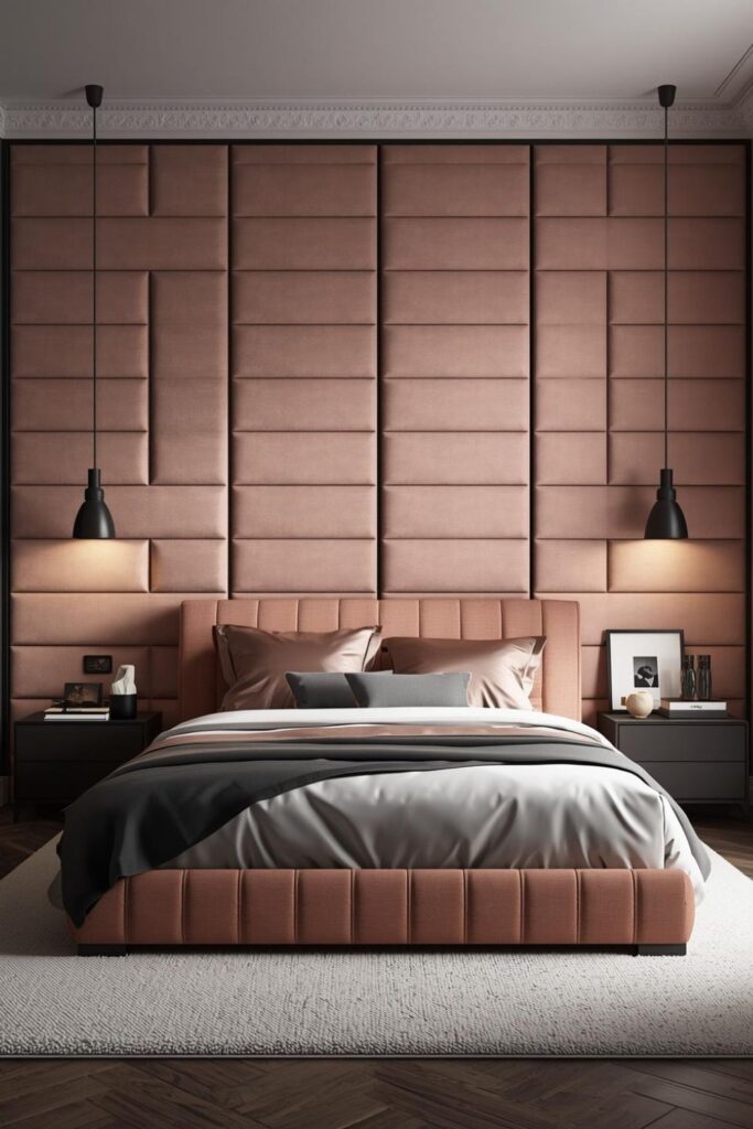 Blush and Charcoal With a Channel-Tufted Headboard Wall