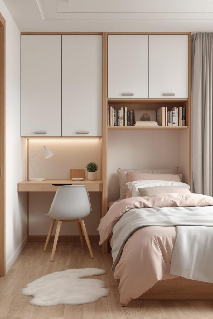 Blush and Maple Study Wall with Closed Storage Cabinets