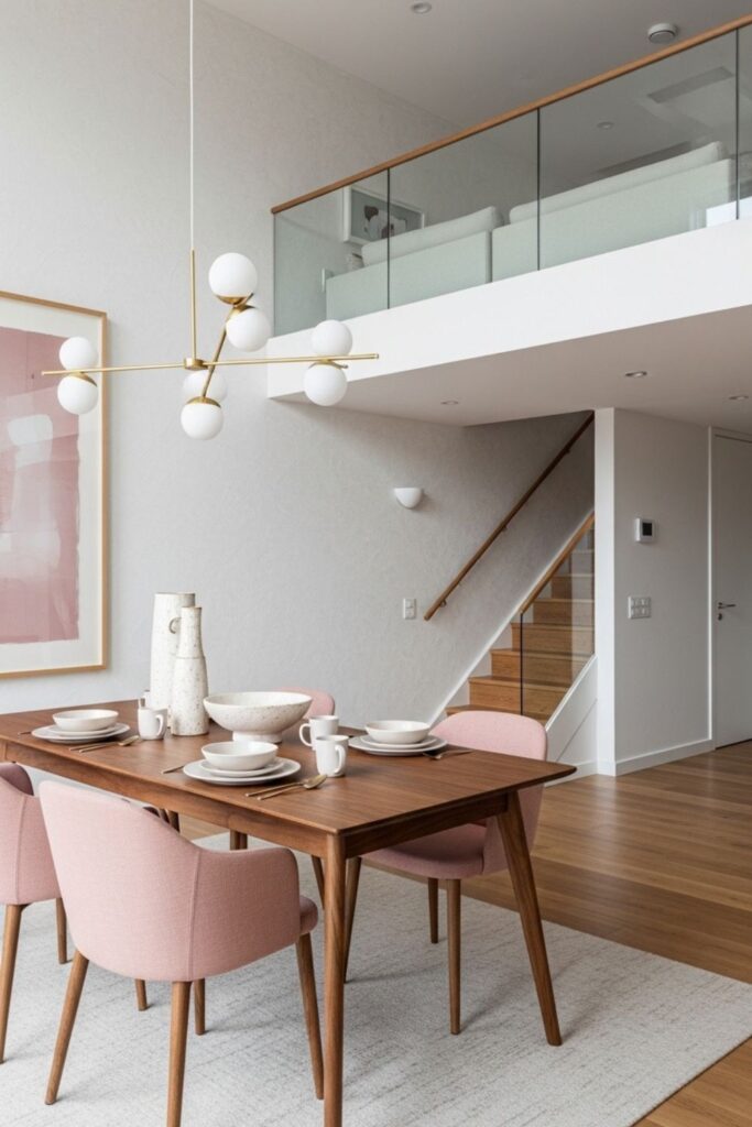 Blush and Walnut Dining Set Anchored Under the Mezzanine
