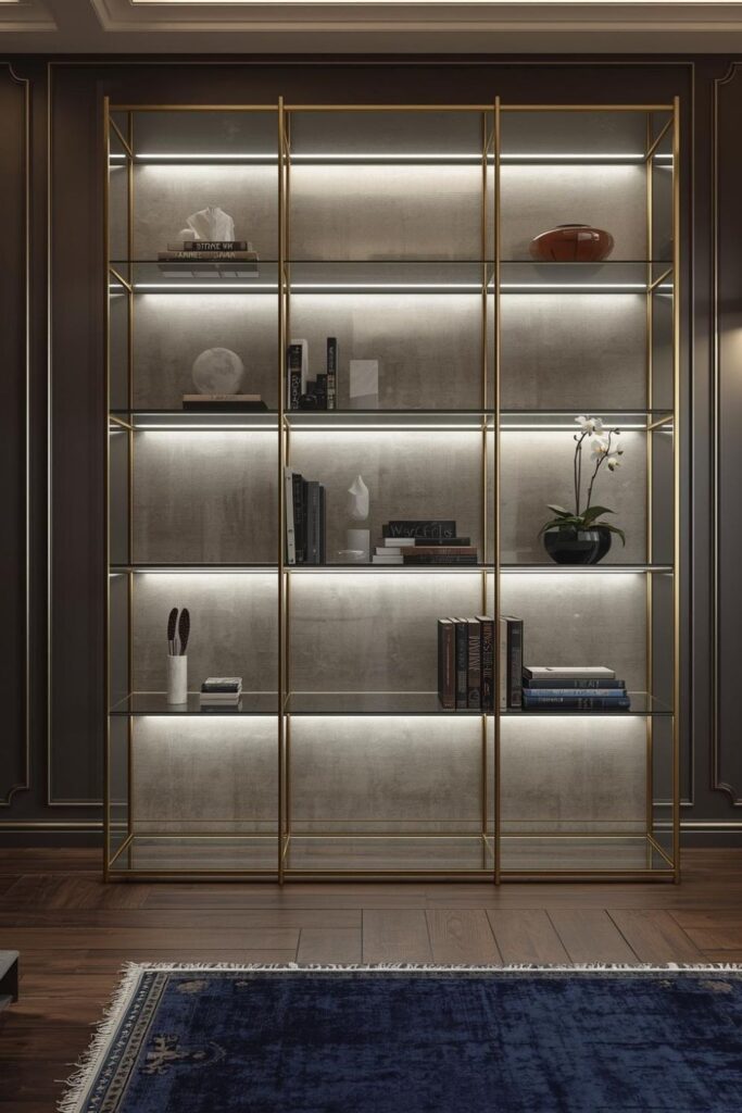 Brass-Framed Glass Bookcase With LED Shelf Wash Lighting