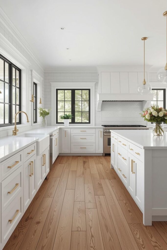 Bright White Shaker Cabinet Kitchen With Warm Oak Floors
