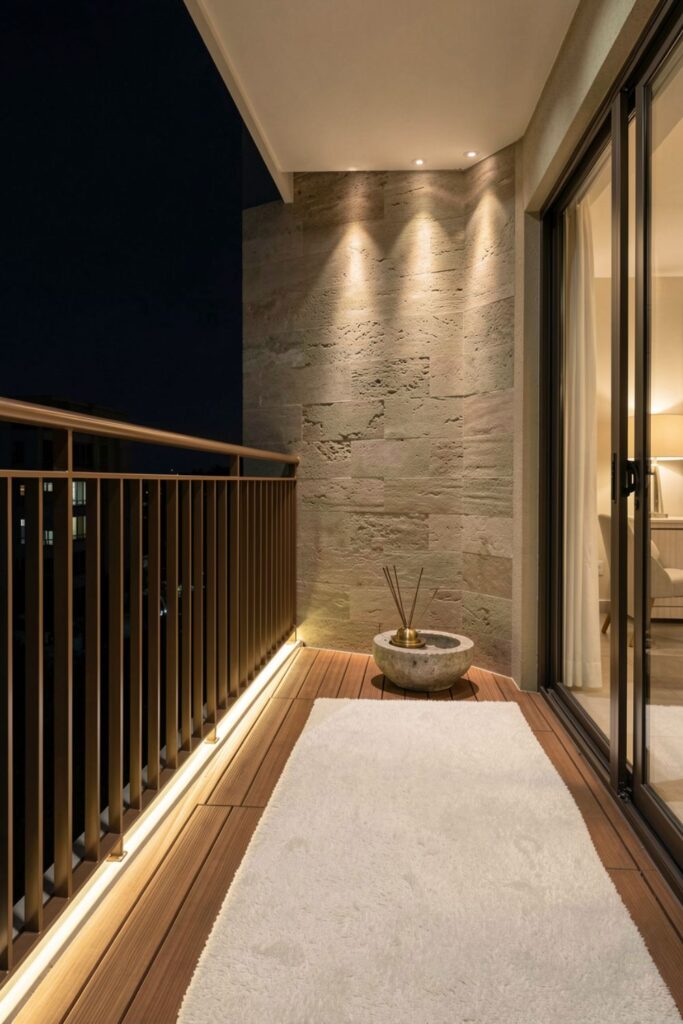 Bronze Vertical Slat Railing With Moody Wall Uplights