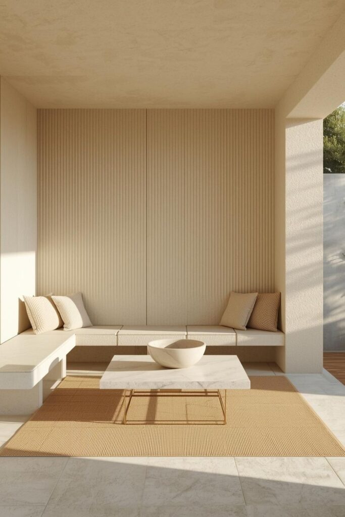 Built-In Bench Banquette with Travertine Table and Bouclé Pillows