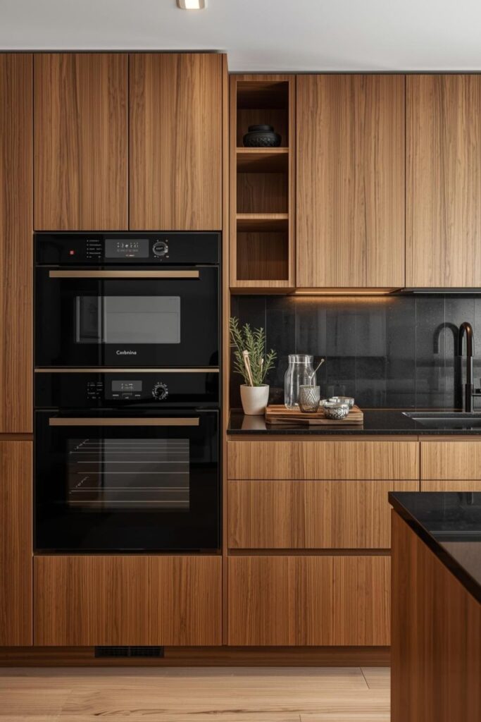 Built-In Oven and Coffee Station in a Modern Wooden Kitchen