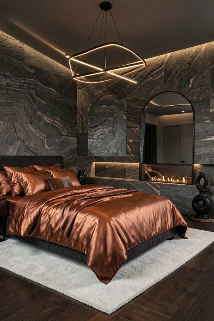 Burnished Copper Silk Duvet Set with Statement Ceiling Light