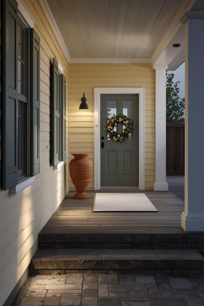 Buttercream Cottage With Sage Shutters and Stone Walkway