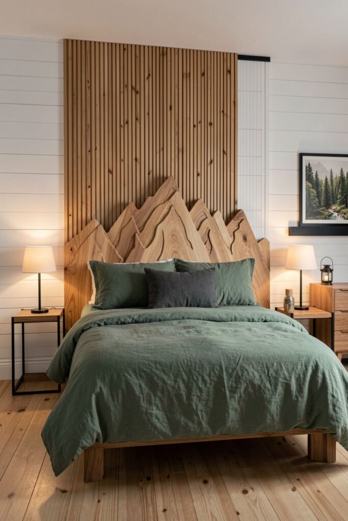 Cedar Peak Headboard With Shiplap and Forest Art