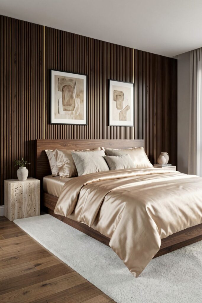 Champagne Silk Duvet Set with Modern Walnut Panel Bed