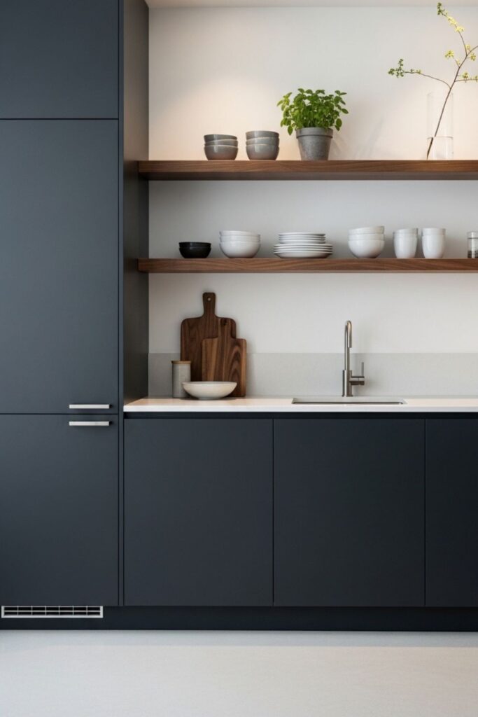 Charcoal Matte Cabinets With Walnut and Smoky Glass