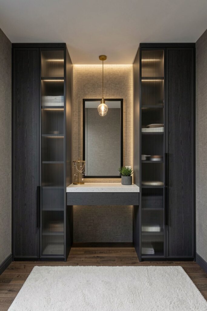 Charcoal Wardrobe With Fluted-Glass Sides and Mirror Vanity Core