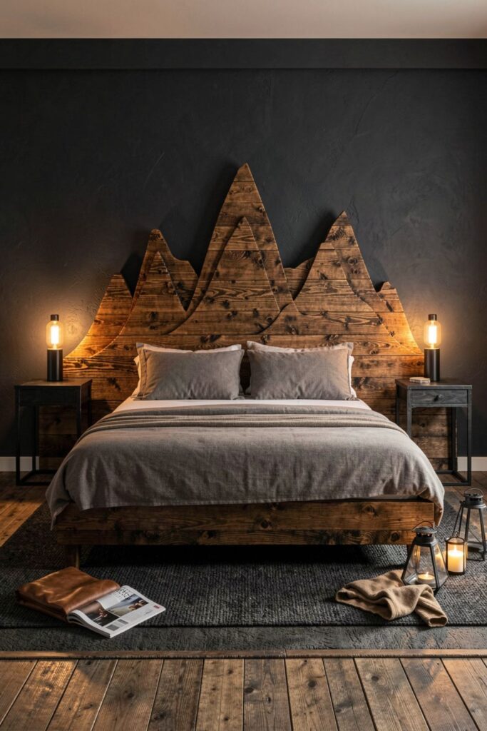 Charred Wood Mountain Headboard With Blackened Steel Details