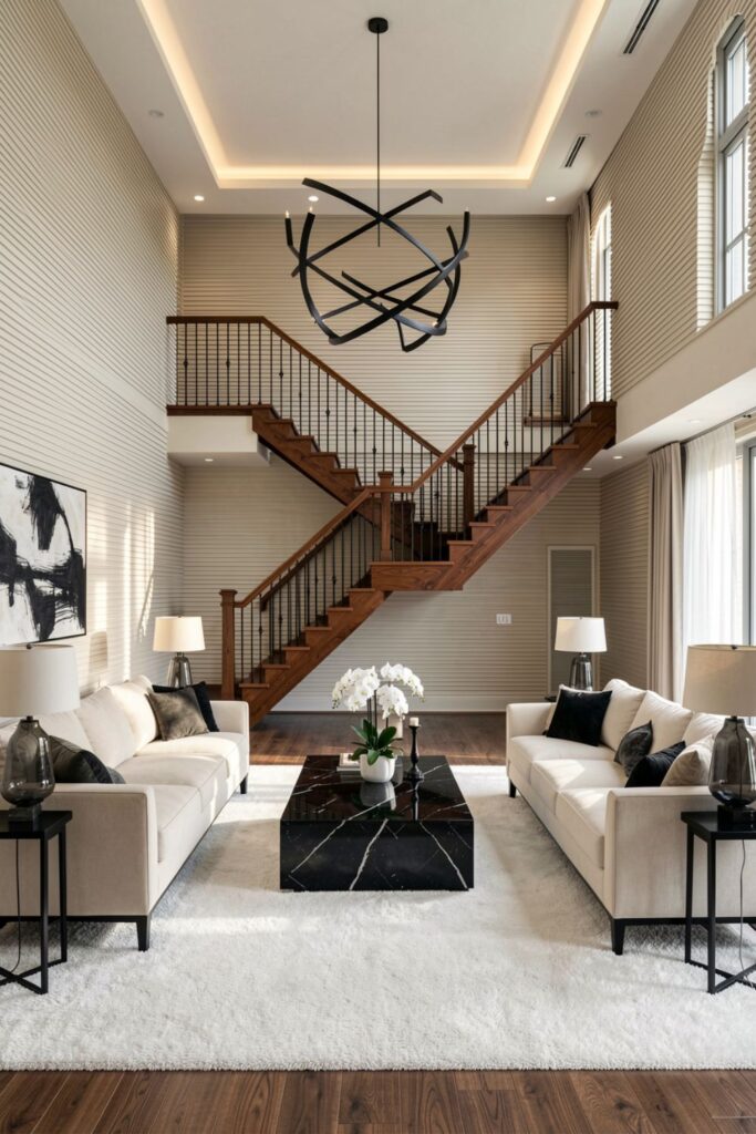 Chestnut Staircase Living Room with Black Marble Table and Symmetry