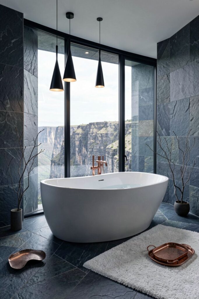 Cliffside View Tub Room With Slate Walls and Copper Details