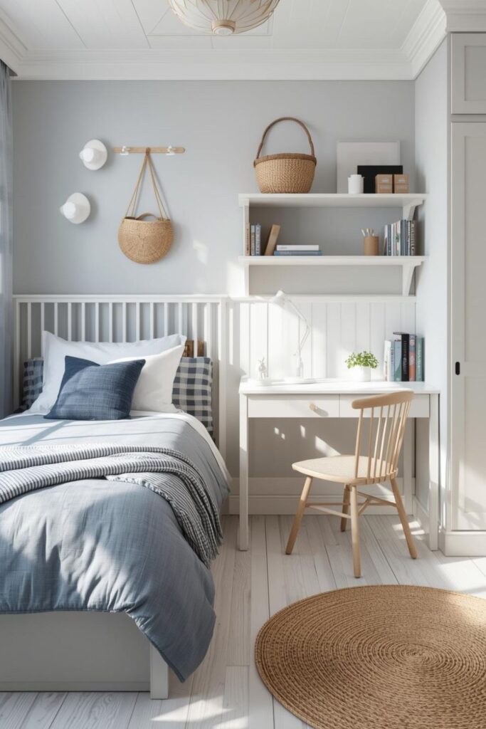 Coastal Blue Desk Beside Bed with Rattan Wall Baskets