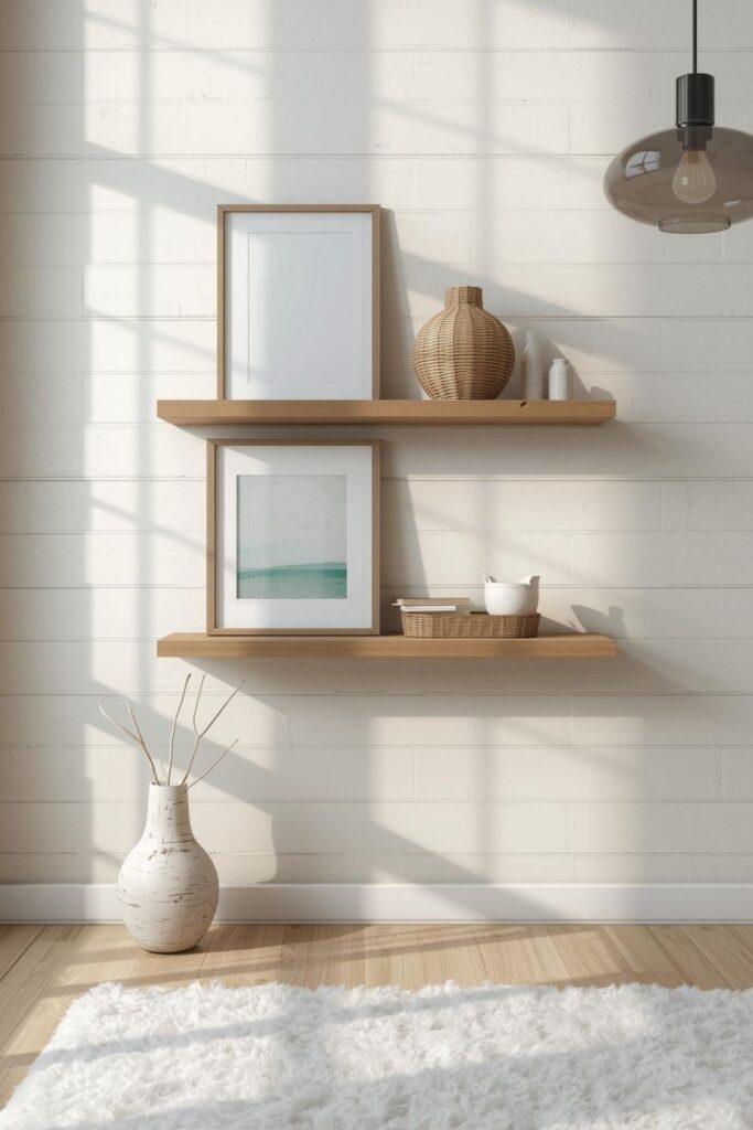 Coastal Boho Shelves With Rattan Frame and Sea Glass