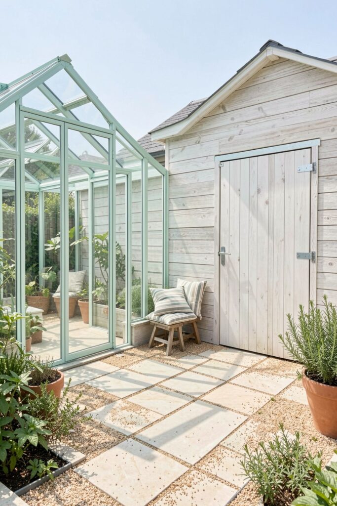 Coastal-Inspired Whitewashed Shed With Sea-Glass Greenhouse Details