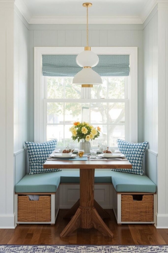 Coastal Modern Built-In With Blue Paint, Woven Decor, and Oak