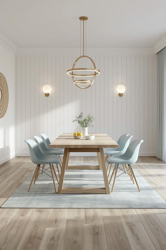 Coastal Modern Dining Room with Gold Rings and Breezy Blues