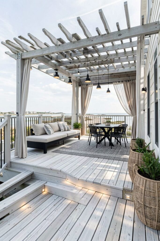 Coastal Multi-Level Deck With Breezy Curtains and Bistro Nook