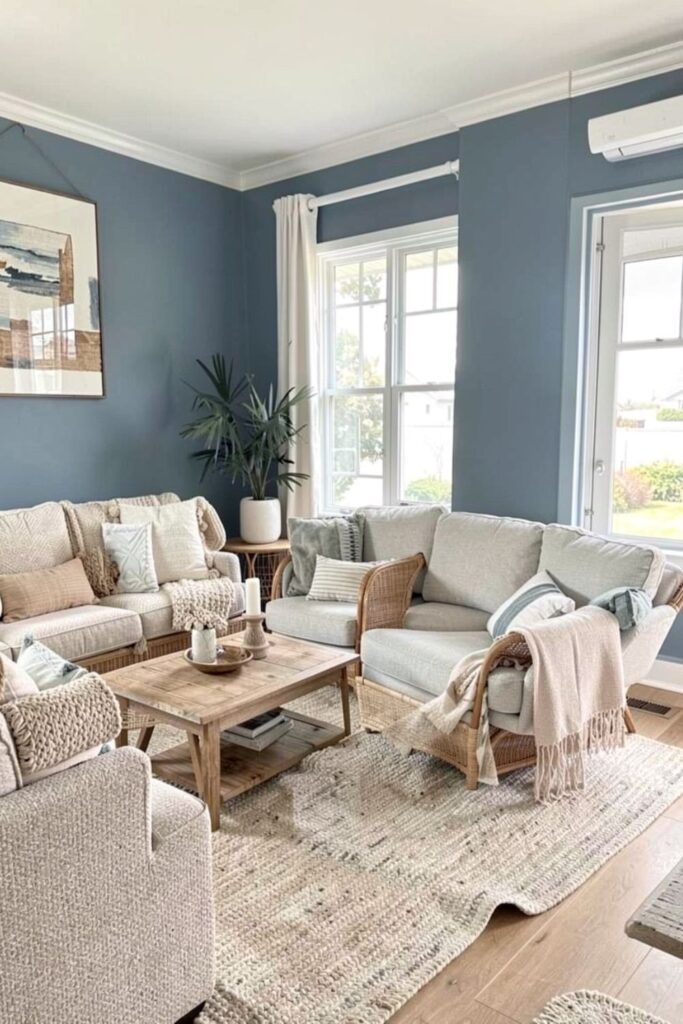 Coastal Slate Blue Walls With Natural Rattan Highlights