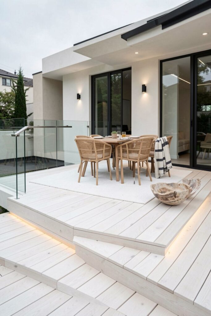 Coastal White Oak Deck With Rattan Dining and Step Sconces