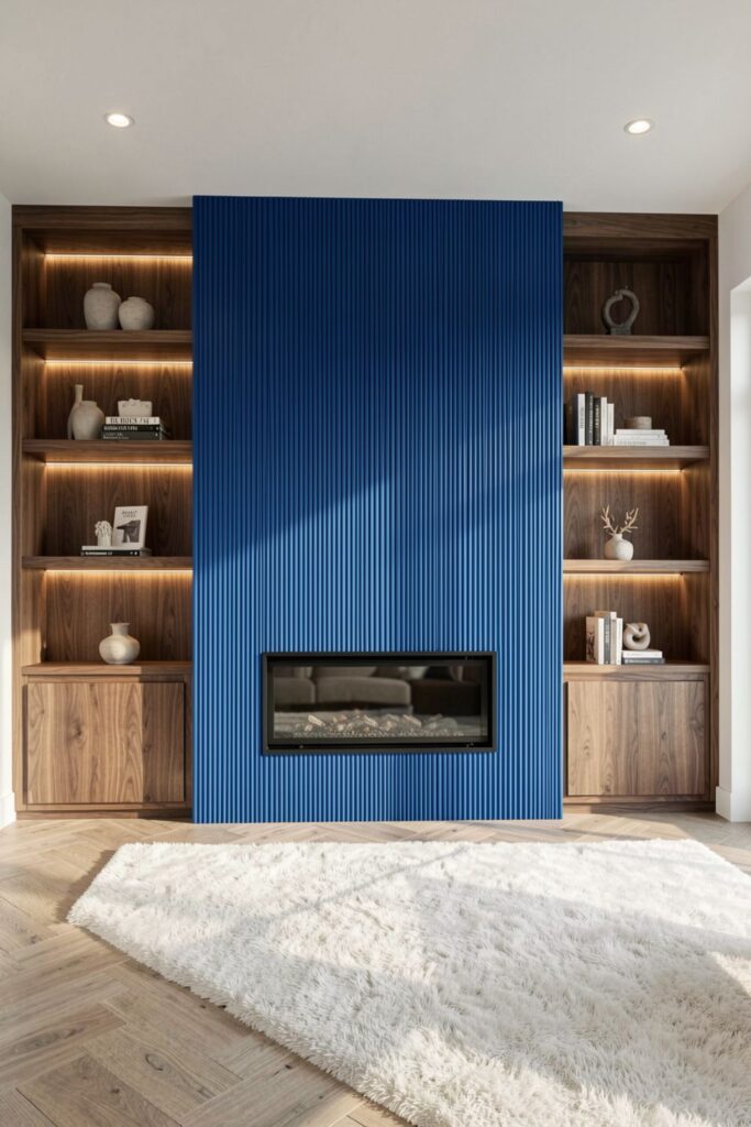 Cobalt Blue Fireplace With Ribbed Panels And Walnut Built-Ins