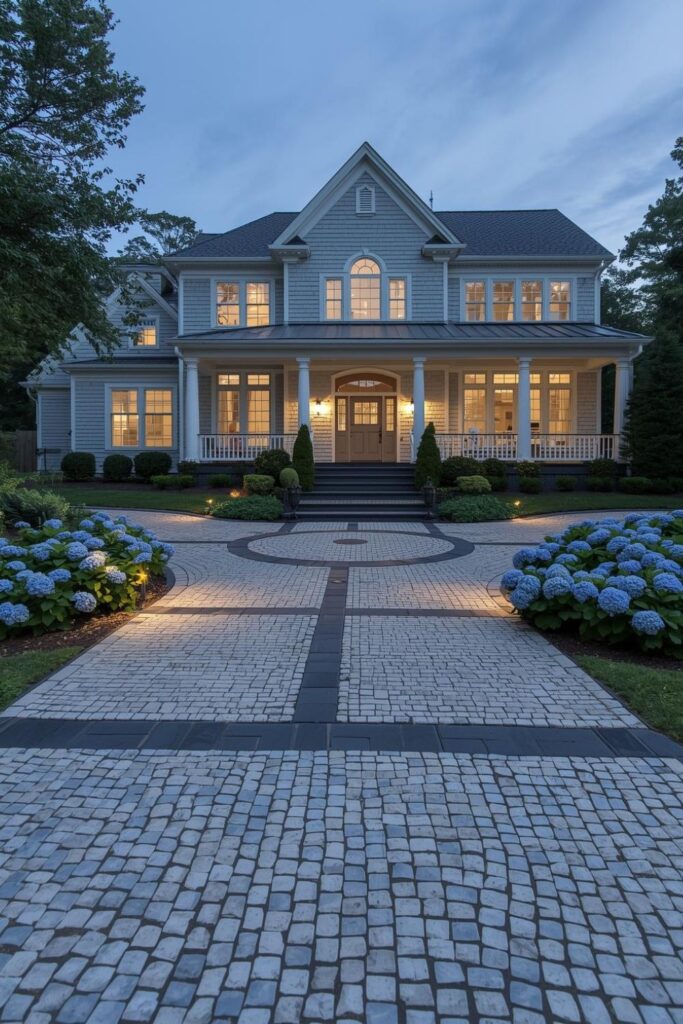 Cobblestone Inlay Band With Hydrangea Foundation Planting