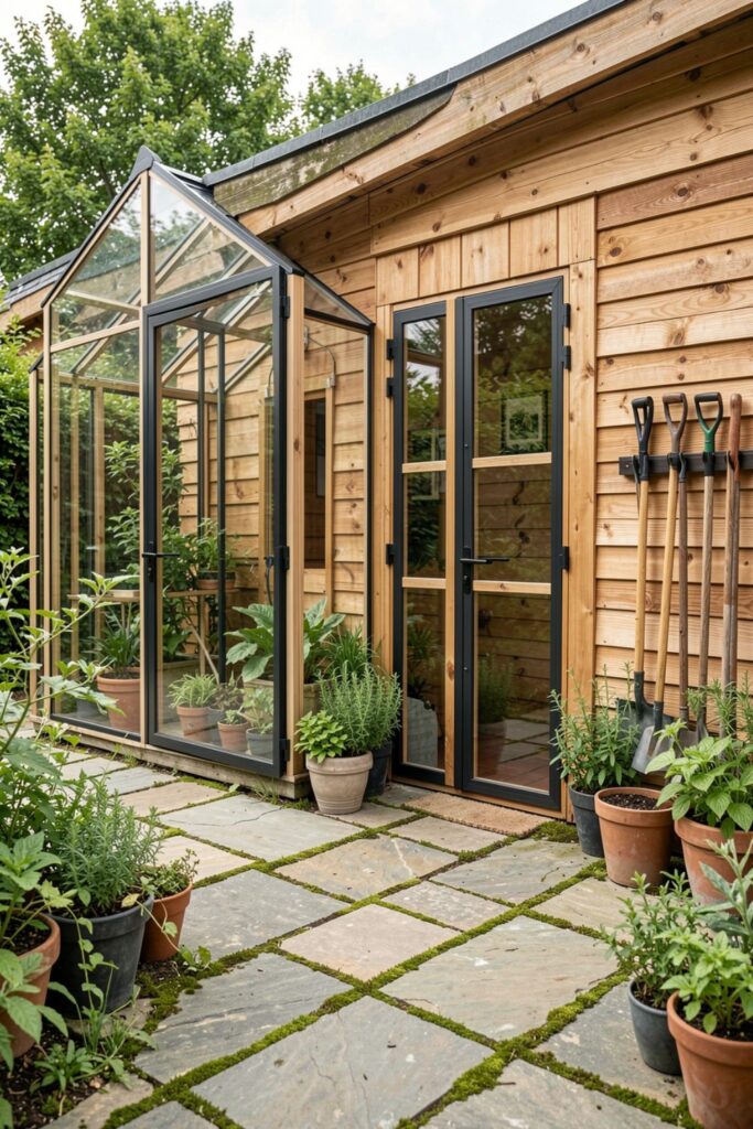 Compact Cedar Greenhouse With Side Shed Tool Wall