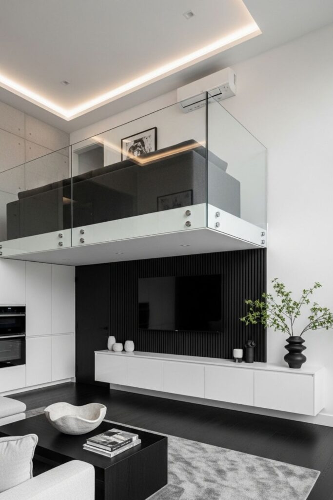 Compact Glass Railing Mezzanine With Floating Media Wall