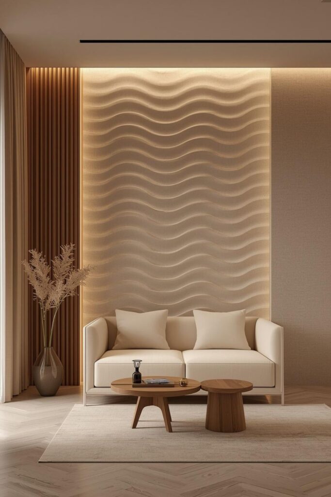 Compact Luxury Modern Living Room with Wave Textured Wall Panel and Warm Ambient Lighting