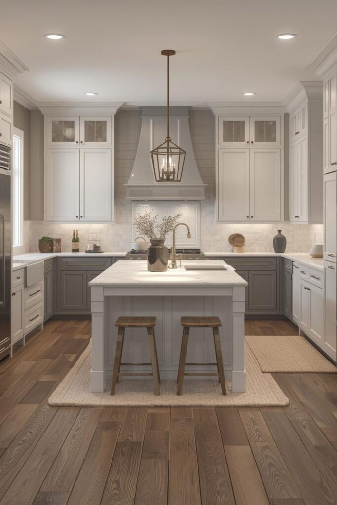 Contemporary Cottage Kitchen with Lit Island and Soft Marble Veining