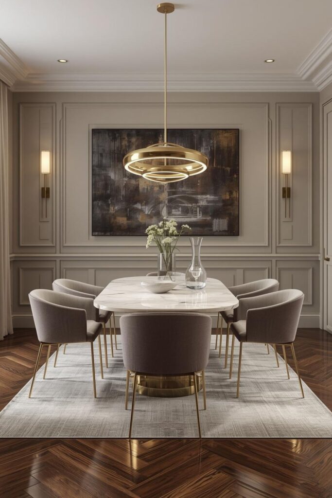 Contemporary Glam Dining Room with Marble Table and Gold Rings