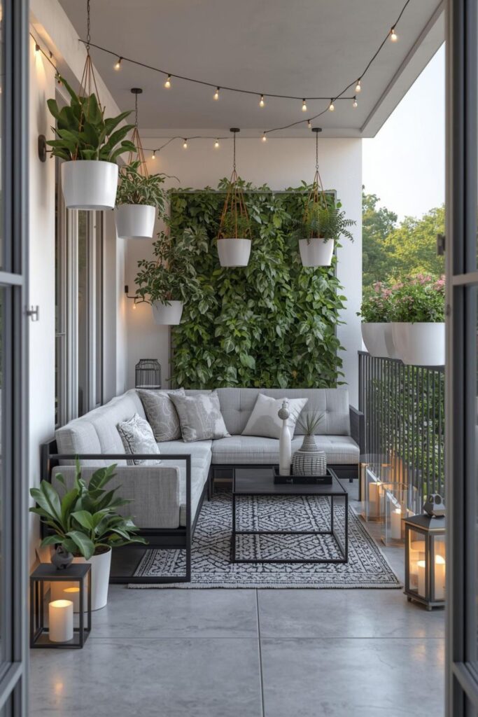 Cozy Balcony Garden Ideas with Hanging Plants & Lights
