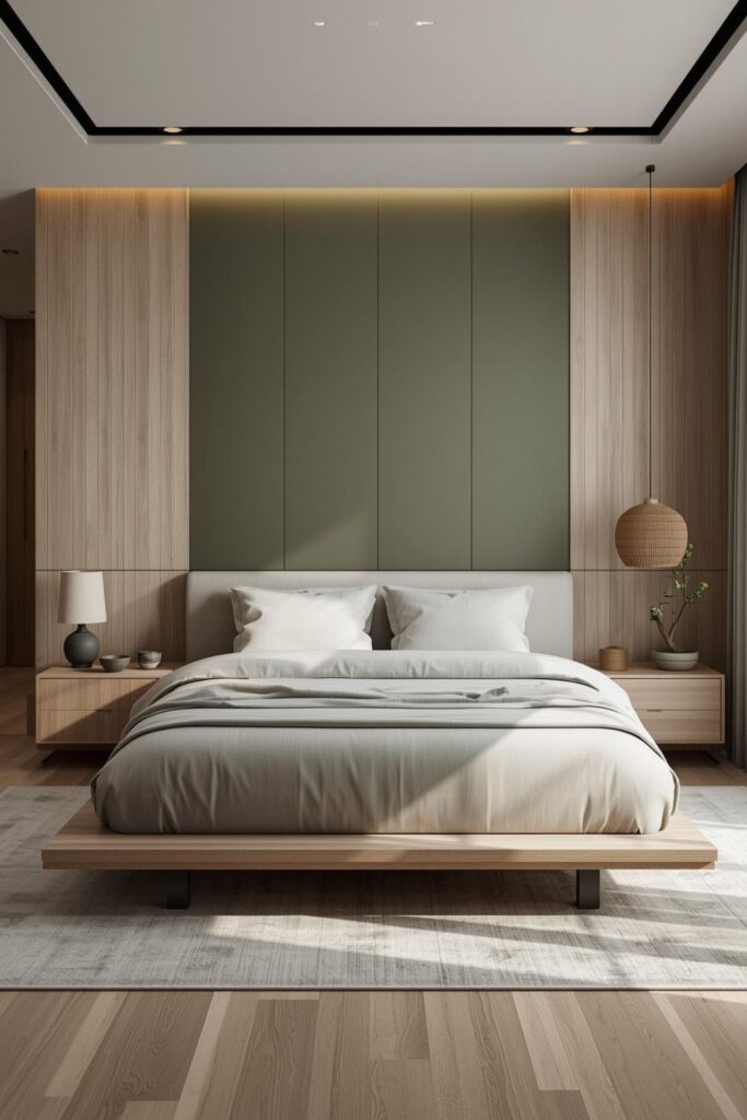 Cool Sage Panel Wall With a Low Japanese-Inspired Bed