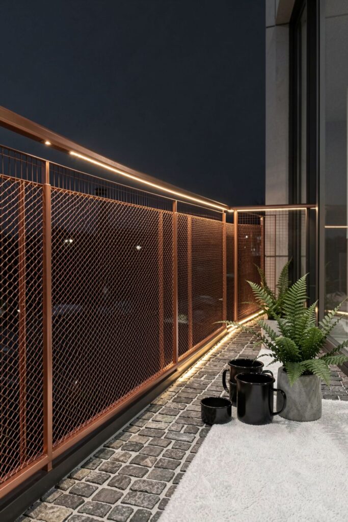 Copper Mesh Railing With Neon-Free Rope Light Detail