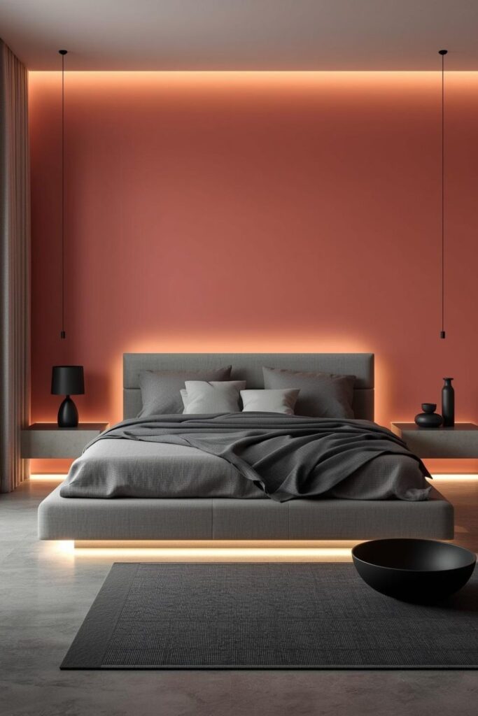 Coral Pink Accent Wall With Concrete Nightstands And Edge