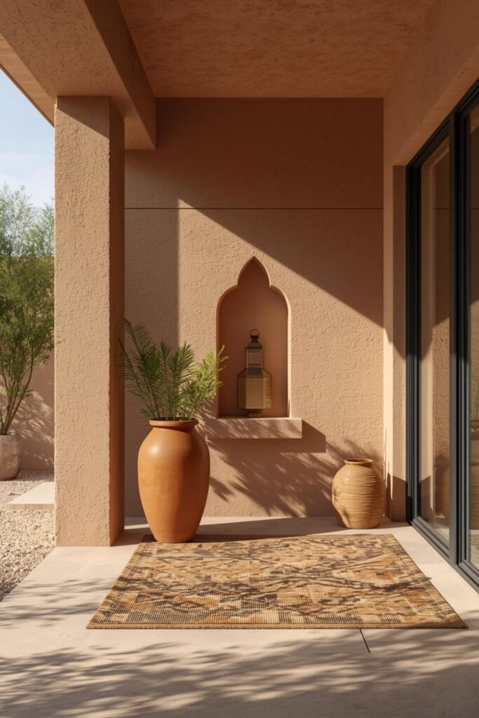 Courtyard Conversation Set with Stone Bench and Textured Clay Walls