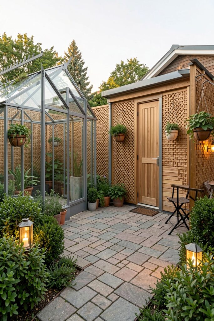 Courtyard-Style Combo With Central Paver Patio and Lattice Screens